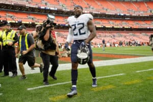 Derrick Henry #22 of the Tennessee Titans walks off of the field after defeating the Cleveland Browns 43-13 at FirstEnergy Stadium on September 8, 2019 in Cleveland, Ohio.