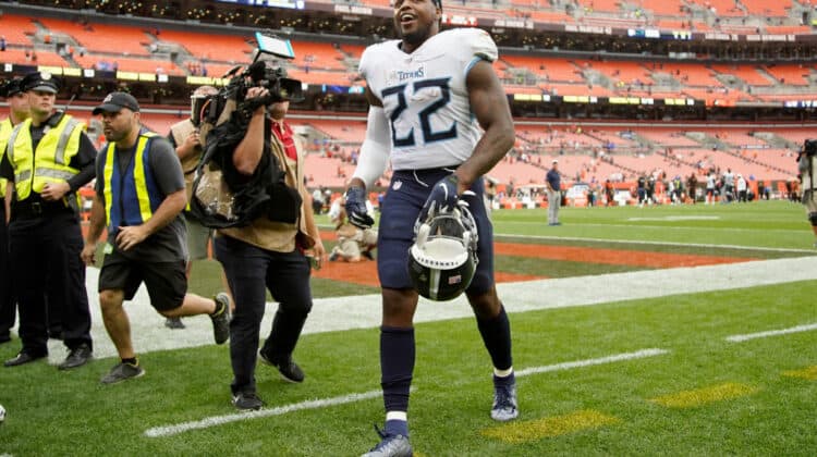 Derrick Henry #22 of the Tennessee Titans walks off of the field after defeating the Cleveland Browns 43-13 at FirstEnergy Stadium on September 8, 2019 in Cleveland, Ohio.