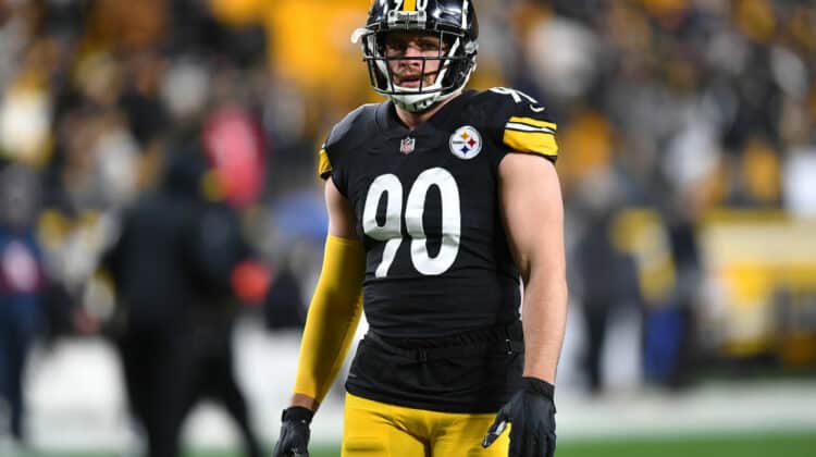 T.J. Watt #90 of the Pittsburgh Steelers looks on prior to a game against the Cleveland Browns at Heinz Field on January 03, 2022 in Pittsburgh, Pennsylvania.