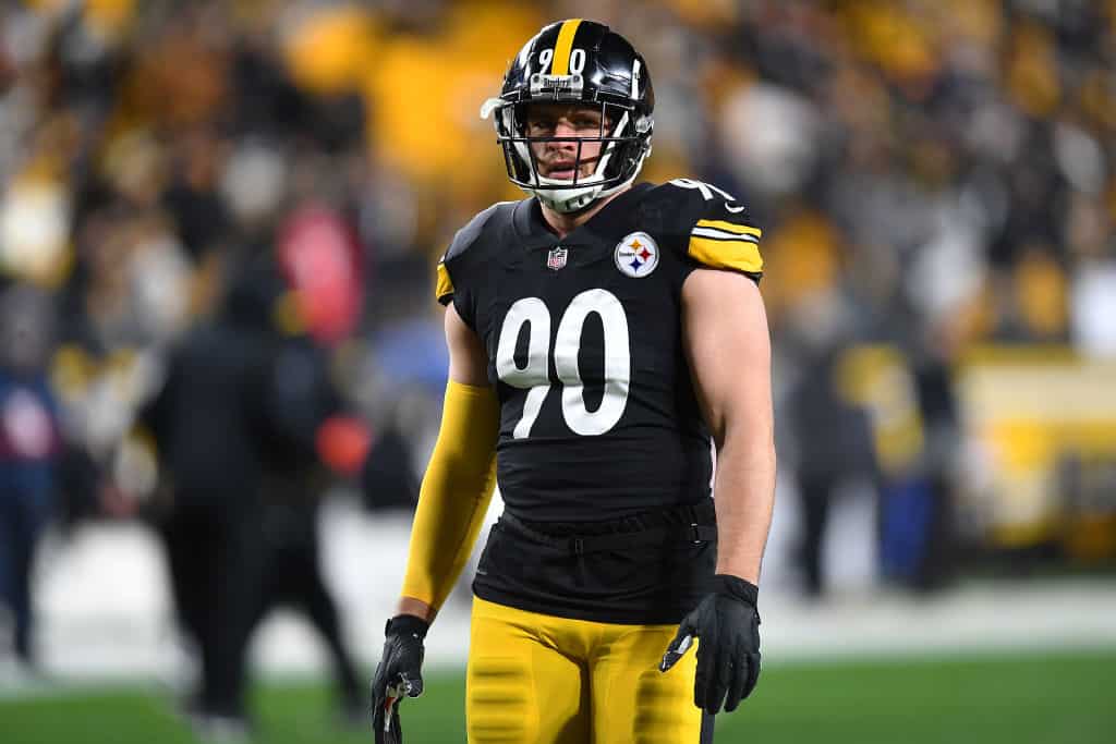 T.J. Watt #90 of the Pittsburgh Steelers looks on prior to a game against the Cleveland Browns at Heinz Field on January 03, 2022 in Pittsburgh, Pennsylvania.