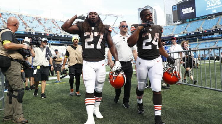 Kareem Hunt #27 of the Cleveland Browns and Nick Chubb #24 leave the field after defeating the Carolina Panthers at Bank of America Stadium on September 11, 2022 in Charlotte, North Carolina.