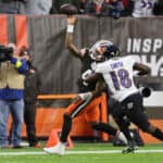 Deshaun Watson #4 of the Cleveland Browns throws a pass as he is pressured by Roquan Smith #18 of the Baltimore Ravens during the first quarter at FirstEnergy Stadium on December 17, 2022 in Cleveland, Ohio.