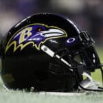 A detail of a Baltimore Ravens helmet prior to the game against the Pittsburgh Steelers at M&T Bank Stadium on January 01, 2023 in Baltimore, Maryland.