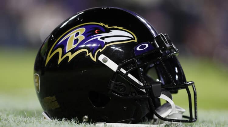 A detail of a Baltimore Ravens helmet prior to the game against the Pittsburgh Steelers at M&T Bank Stadium on January 01, 2023 in Baltimore, Maryland.