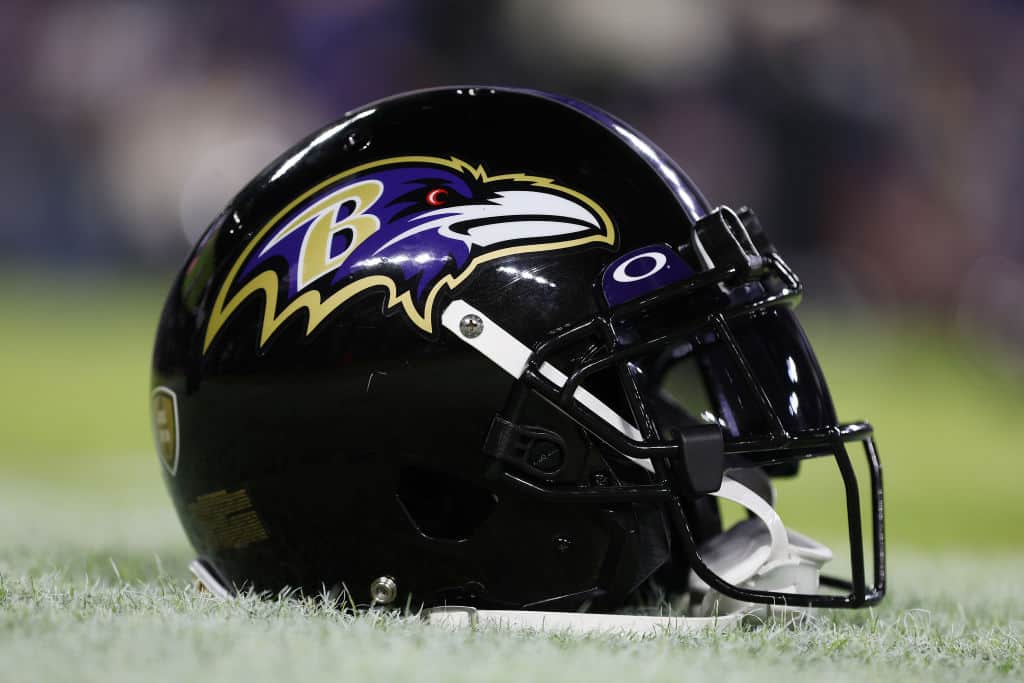 A detail of a Baltimore Ravens helmet prior to the game against the Pittsburgh Steelers at M&T Bank Stadium on January 01, 2023 in Baltimore, Maryland.