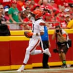 Juan Thornhill #1 of the Cleveland Browns celebrates a first quarter interception and touchdown during the first quarter of a preseason game against the Kansas City Chiefs at GEHA Field at Arrowhead Stadium on August 26, 2023 in Kansas City, Missouri.