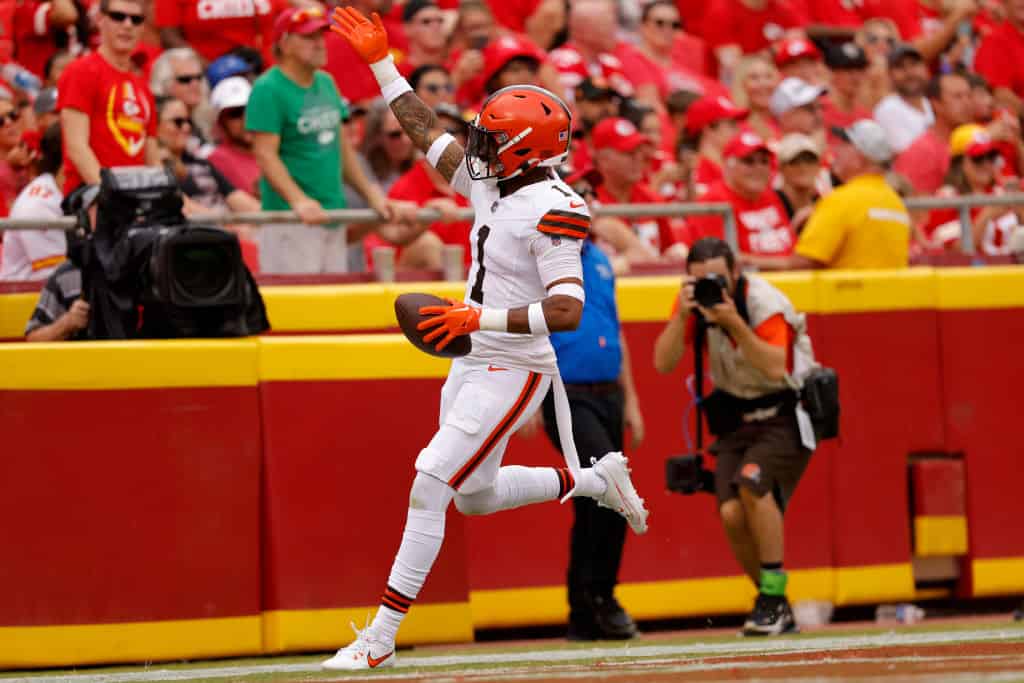 Juan Thornhill #1 of the Cleveland Browns celebrates a first quarter interception and touchdown during the first quarter of a preseason game against the Kansas City Chiefs at GEHA Field at Arrowhead Stadium on August 26, 2023 in Kansas City, Missouri.