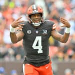 Deshaun Watson #4 of the Cleveland Browns celebrates a rushing touchdown against the Cincinnati Bengals during the first half at Cleveland Browns Stadium on September 10, 2023 in Cleveland, Ohio.