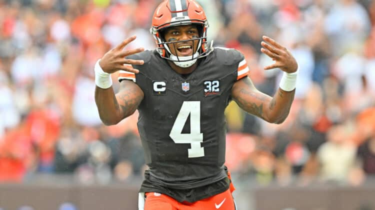 Deshaun Watson #4 of the Cleveland Browns celebrates a rushing touchdown against the Cincinnati Bengals during the first half at Cleveland Browns Stadium on September 10, 2023 in Cleveland, Ohio.