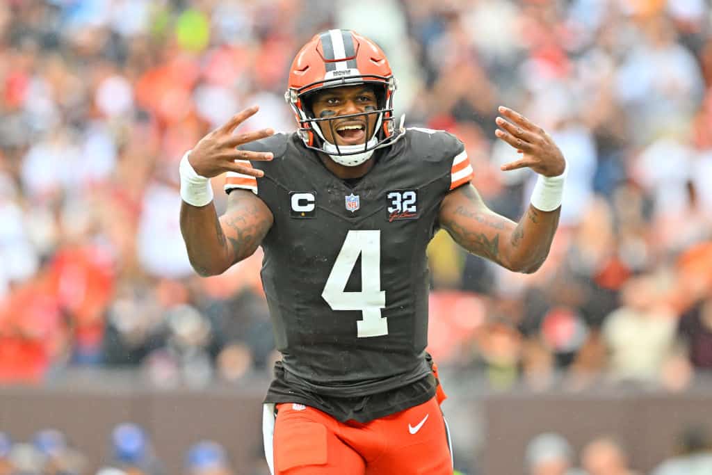 Deshaun Watson #4 of the Cleveland Browns celebrates a rushing touchdown against the Cincinnati Bengals during the first half at Cleveland Browns Stadium on September 10, 2023 in Cleveland, Ohio.