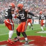 Grant Delpit #22 of the Cleveland Browns celebrates with Anthony Walker Jr. #5 after breaking up a pass against the Cincinnati Bengals during the second half at Cleveland Browns Stadium on September 10, 2023 in Cleveland, Ohio.