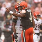 Deshaun Watson #4 of the Cleveland Browns celebrates a first down against the Cincinnati Bengals during the second half at Cleveland Browns Stadium on September 10, 2023 in Cleveland, Ohio.