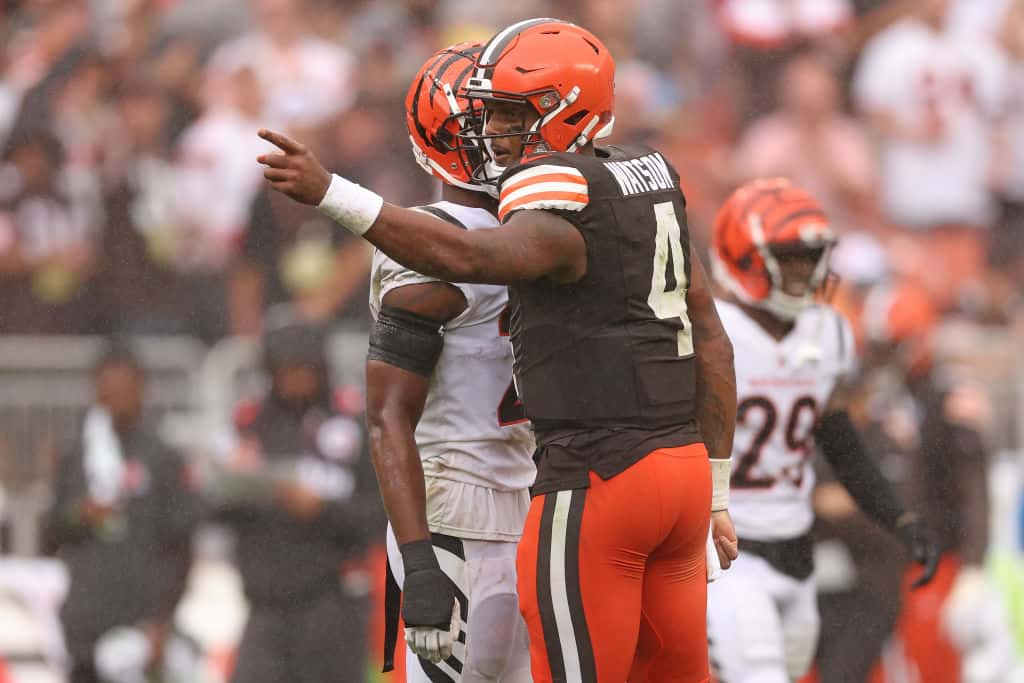 Deshaun Watson #4 of the Cleveland Browns celebrates a first down against the Cincinnati Bengals during the second half at Cleveland Browns Stadium on September 10, 2023 in Cleveland, Ohio.