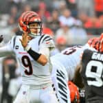 Joe Burrow #9 of the Cincinnati Bengals looks to pass against the Cleveland Browns during the second half at Cleveland Browns Stadium on September 10, 2023 in Cleveland, Ohio.