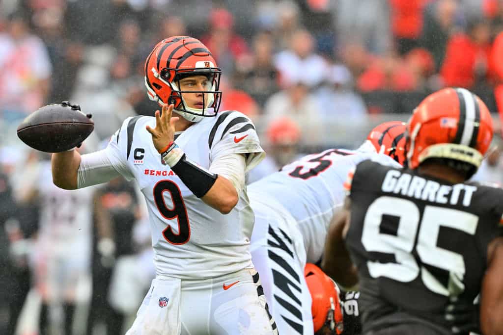 Joe Burrow #9 of the Cincinnati Bengals looks to pass against the Cleveland Browns during the second half at Cleveland Browns Stadium on September 10, 2023 in Cleveland, Ohio.