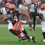 Nick Chubb #24 of the Cleveland Browns plays against the Cincinnati Bengals at Cleveland Browns Stadium on September 10, 2023 in Cleveland, Ohio.