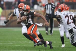 Nick Chubb #24 of the Cleveland Browns plays against the Cincinnati Bengals at Cleveland Browns Stadium on September 10, 2023 in Cleveland, Ohio.