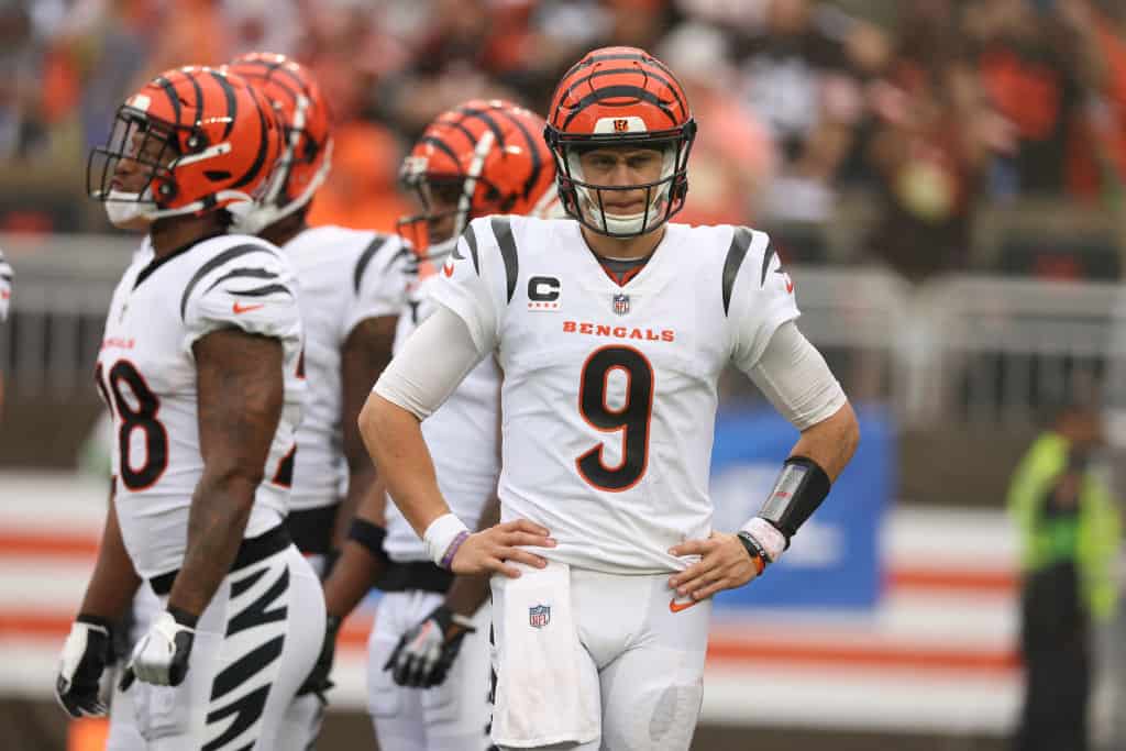 Joe Burrow #9 of the Cincinnati Bengals plays against the Cleveland Browns at Cleveland Browns Stadium on September 10, 2023 in Cleveland, Ohio.