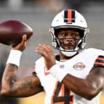 Deshaun Watson #4 of the Cleveland Browns warms up prior to the game against the Pittsburgh Steelers at Acrisure Stadium on September 18, 2023 in Pittsburgh, Pennsylvania.