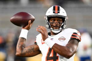 Deshaun Watson #4 of the Cleveland Browns warms up prior to the game against the Pittsburgh Steelers at Acrisure Stadium on September 18, 2023 in Pittsburgh, Pennsylvania.