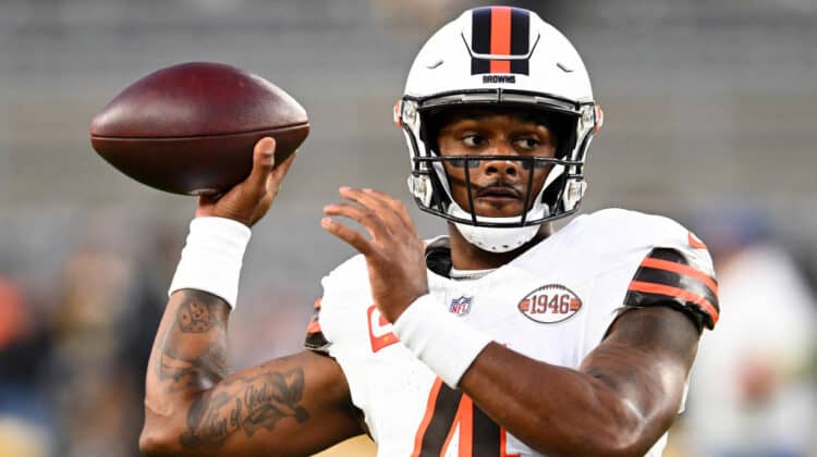 Deshaun Watson #4 of the Cleveland Browns warms up prior to the game against the Pittsburgh Steelers at Acrisure Stadium on September 18, 2023 in Pittsburgh, Pennsylvania.