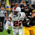 Grant Delpit #22 of the Cleveland Browns recovers a fumble against the Pittsburgh Steelers during the first quarter at Acrisure Stadium on September 18, 2023 in Pittsburgh, Pennsylvania.
