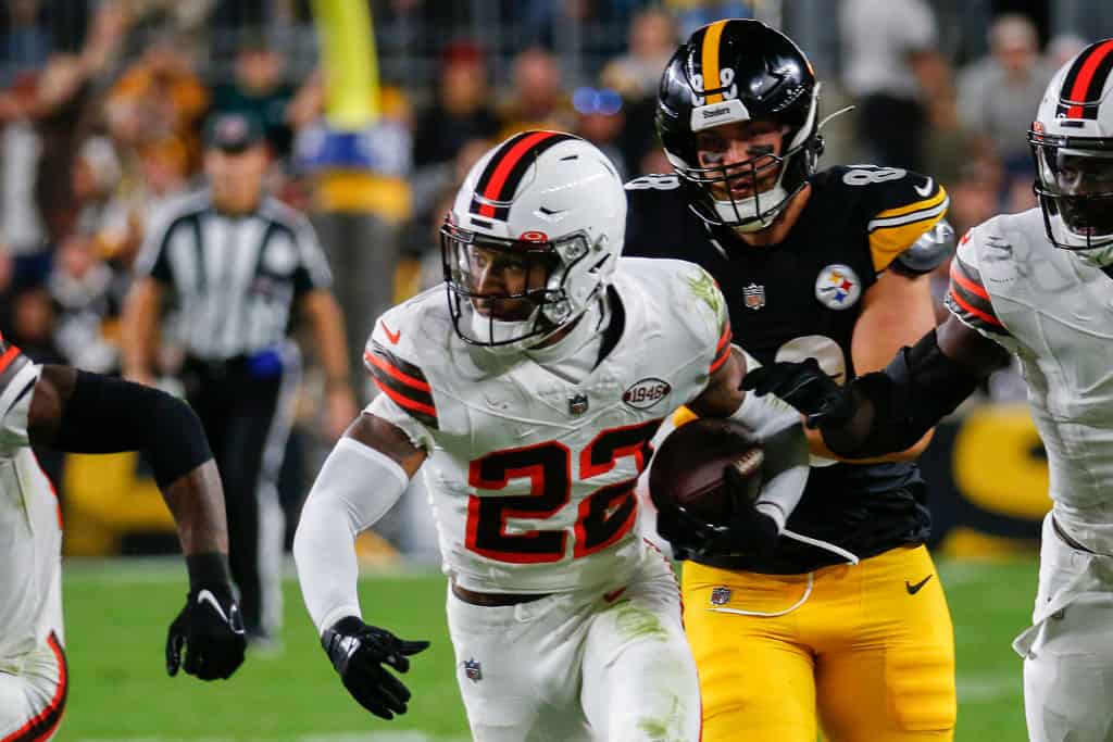 Grant Delpit #22 of the Cleveland Browns recovers a fumble against the Pittsburgh Steelers during the first quarter at Acrisure Stadium on September 18, 2023 in Pittsburgh, Pennsylvania.