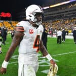 Deshaun Watson #4 of the Cleveland Browns walks off the field following his team's 26-22 loss against the Pittsburgh Steelers at Acrisure Stadium on September 18, 2023 in Pittsburgh, Pennsylvania.