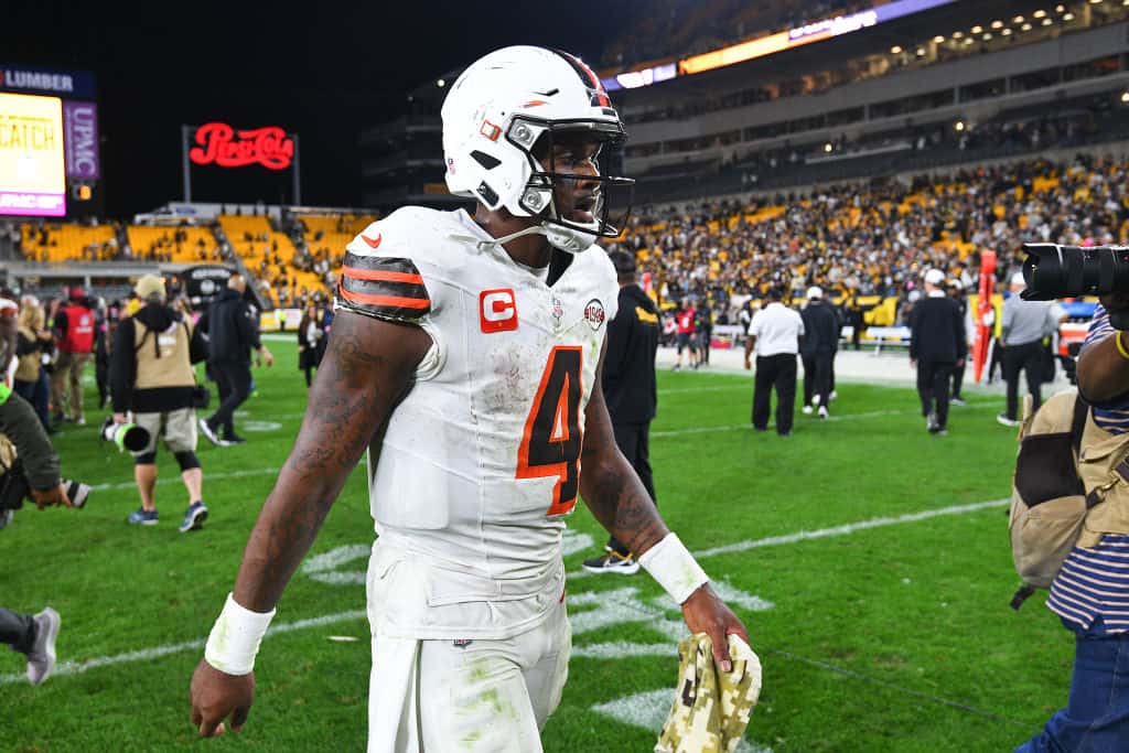 Deshaun Watson #4 of the Cleveland Browns walks off the field following his team's 26-22 loss against the Pittsburgh Steelers at Acrisure Stadium on September 18, 2023 in Pittsburgh, Pennsylvania.