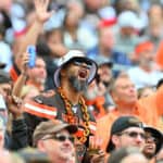 Cleveland Browns fans reacts after a play during the third quarter in the game against the Tennessee Titans at Cleveland Browns Stadium on September 24, 2023 in Cleveland, Ohio.