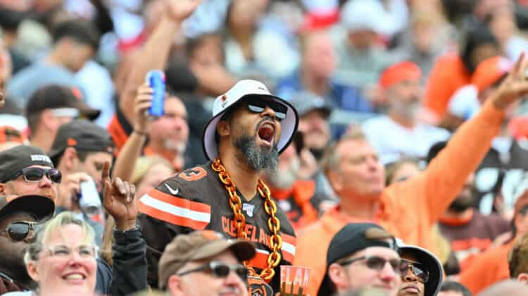 Cleveland Browns fans reacts after a play during the third quarter in the game against the Tennessee Titans at Cleveland Browns Stadium on September 24, 2023 in Cleveland, Ohio.