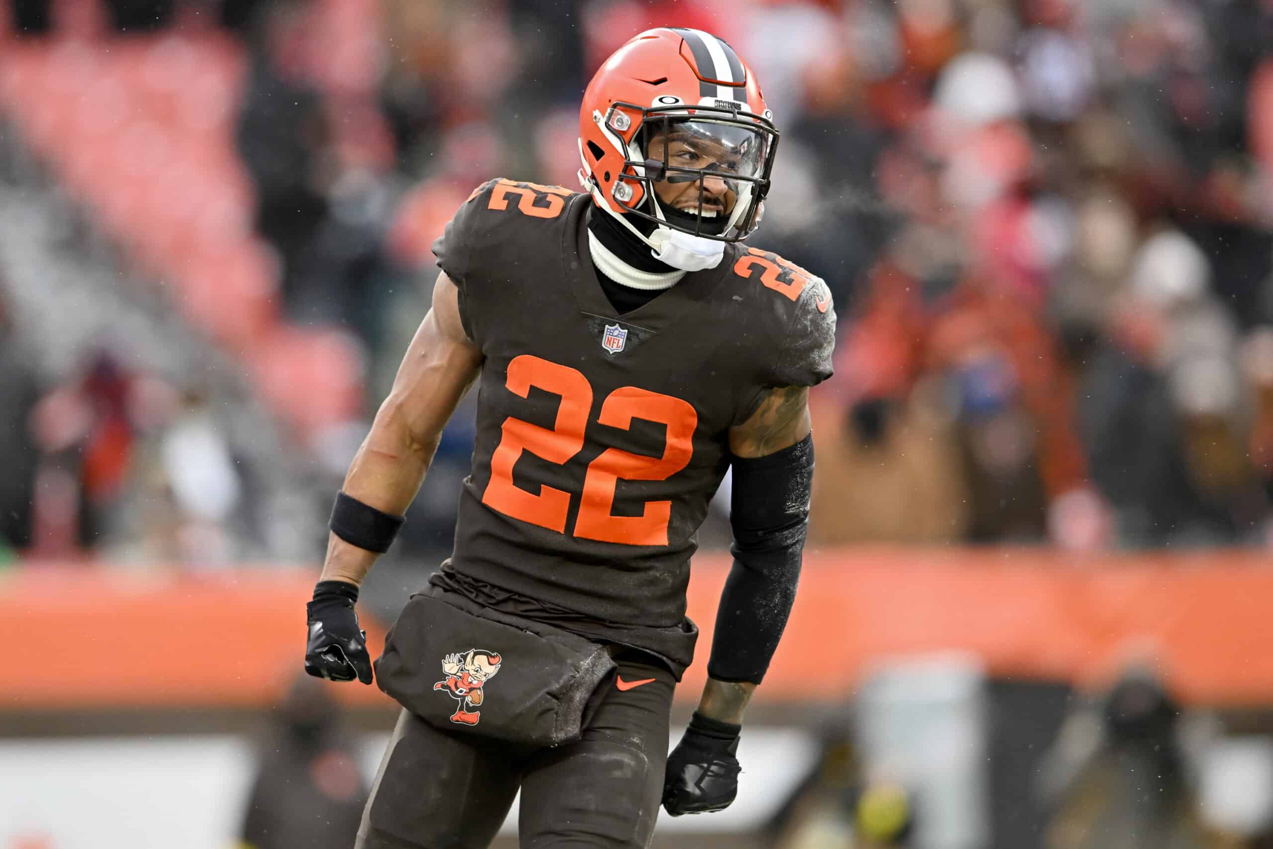 Grant Delpit #22 of the Cleveland Browns reacts after a play against the New Orleans Saints during the second half of the game at FirstEnergy Stadium on December 24, 2022 in Cleveland, Ohio.