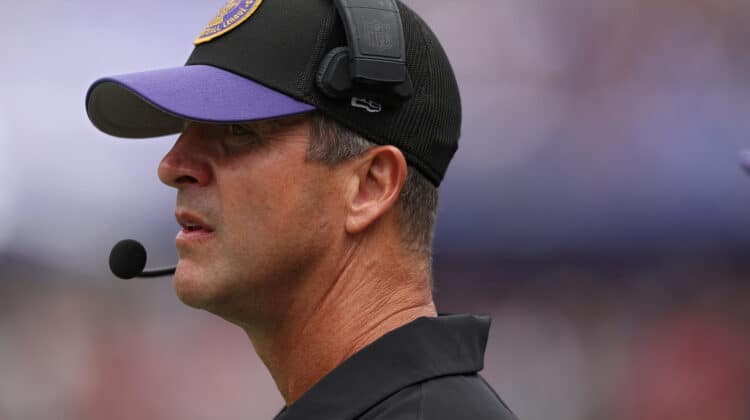 Head coach John Harbaugh of the Baltimore Ravens looks on against the Houston Texans at M&T Bank Stadium on September 10, 2023 in Baltimore, Maryland.