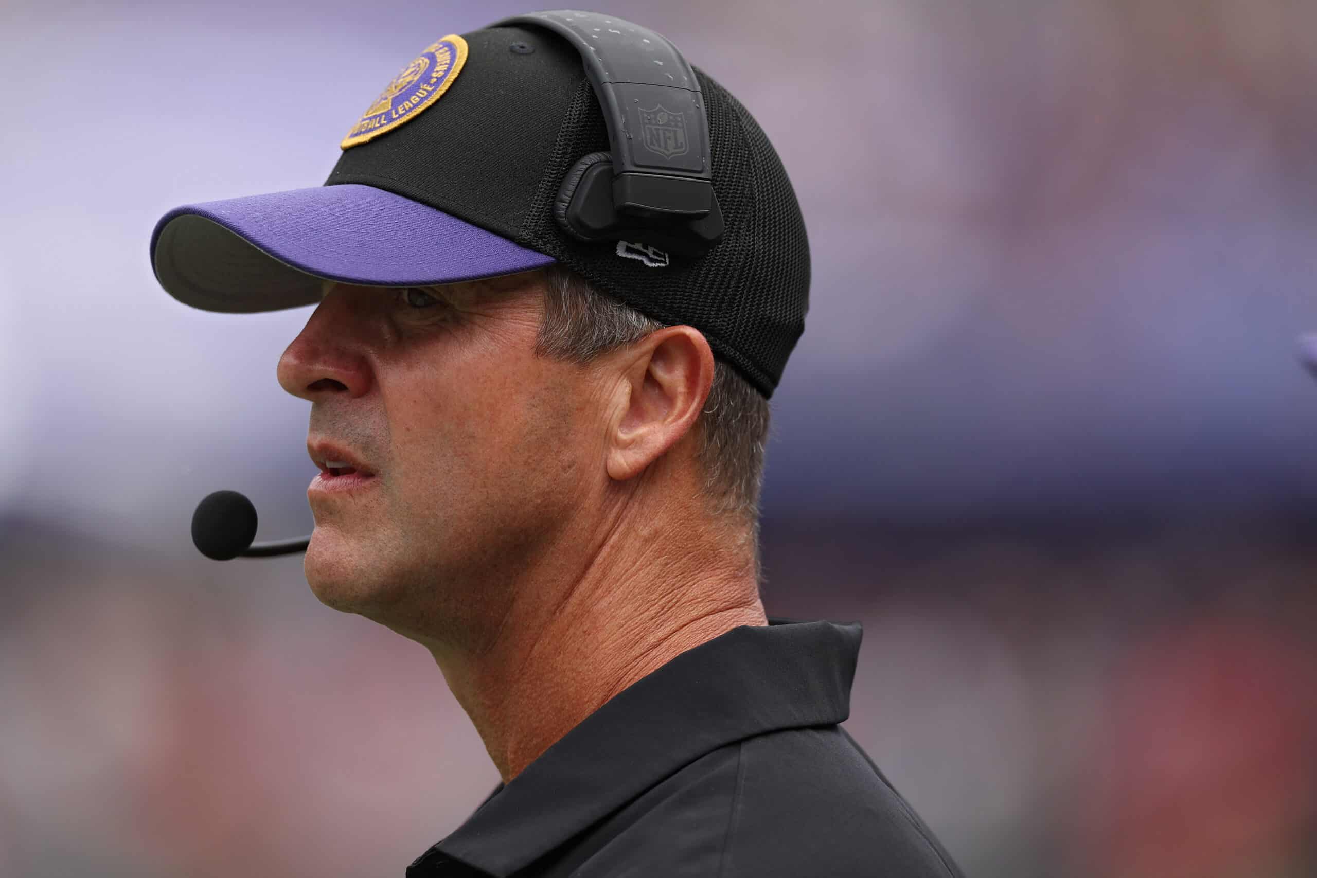 Head coach John Harbaugh of the Baltimore Ravens looks on against the Houston Texans at M&T Bank Stadium on September 10, 2023 in Baltimore, Maryland. 