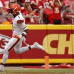 Juan Thornhill #1 of the Cleveland Browns celebrates a first quarter interception and touchdown during the first quarter of a preseason game against the Kansas City Chiefs at GEHA Field at Arrowhead Stadium on August 26, 2023 in Kansas City, Missouri.