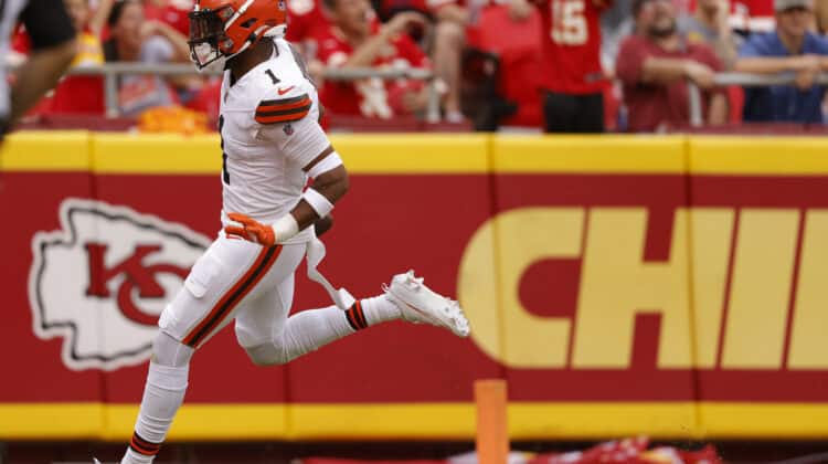 Juan Thornhill #1 of the Cleveland Browns celebrates a first quarter interception and touchdown during the first quarter of a preseason game against the Kansas City Chiefs at GEHA Field at Arrowhead Stadium on August 26, 2023 in Kansas City, Missouri.