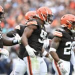 Myles Garrett #95 of the Cleveland Browns celebrates with teammates after sacking Ryan Tannehill #17 of the Tennessee Titans during the fourth quarter of a game at Cleveland Browns Stadium on September 24, 2023 in Cleveland, Ohio.