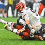 Joe Burrow #9 of the Cincinnati Bengals is sacked by Myles Garrett #95 of the Cleveland Browns during the second half at Cleveland Browns Stadium on September 10, 2023 in Cleveland, Ohio.