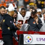 Nick Chubb #24 of the Cleveland Browns is carted off the field after sustaining a knee injury during the second quarter against the Pittsburgh Steelers at Acrisure Stadium on September 18, 2023 in Pittsburgh, Pennsylvania.