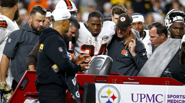 Nick Chubb #24 of the Cleveland Browns is carted off the field after sustaining a knee injury during the second quarter against the Pittsburgh Steelers at Acrisure Stadium on September 18, 2023 in Pittsburgh, Pennsylvania.