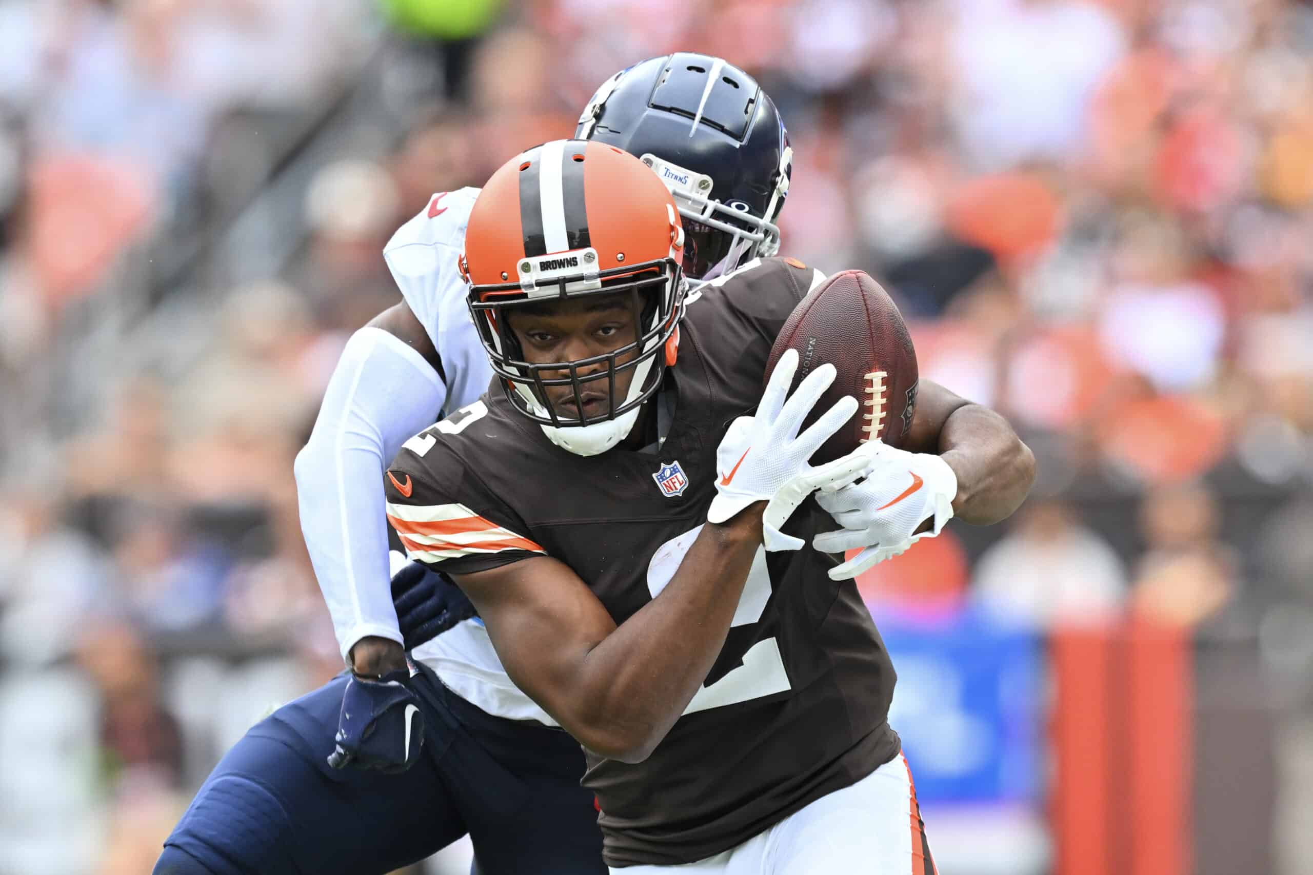 Amari Cooper #2 of the Cleveland Browns catches a pass during the first half in the game against the Tennessee Titans at Cleveland Browns Stadium on September 24, 2023 in Cleveland, Ohio. 