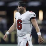 Baker Mayfield #6 of the Tampa Bay Buccaneers looks on during the first half against the New Orleans Saints at Caesars Superdome on October 01, 2023 in New Orleans, Louisiana.