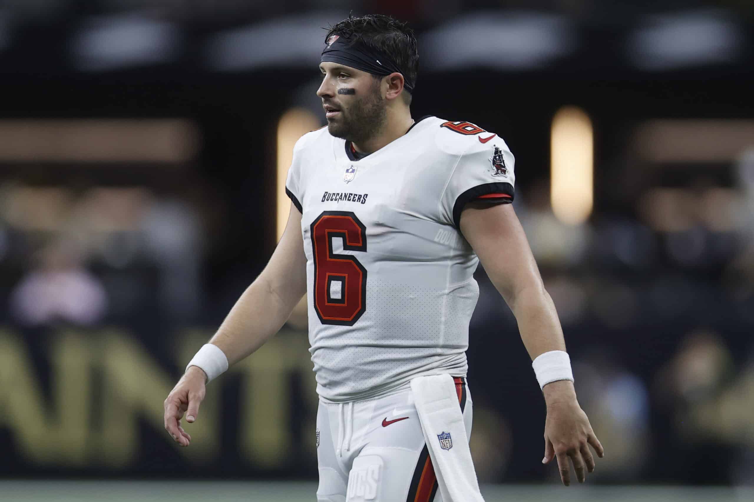 Baker Mayfield #6 of the Tampa Bay Buccaneers looks on during the first half against the New Orleans Saints at Caesars Superdome on October 01, 2023 in New Orleans, Louisiana.