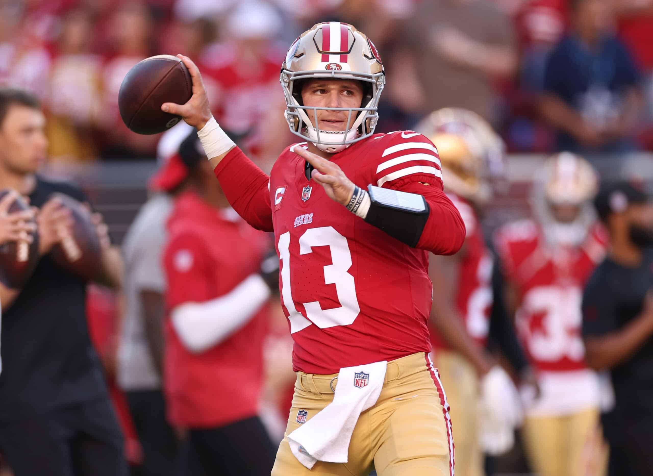 Brock Purdy #13 of the San Francisco 49ers warms up prior to a game against the Dallas Cowboys at Levi's Stadium on October 08, 2023 in Santa Clara, California.