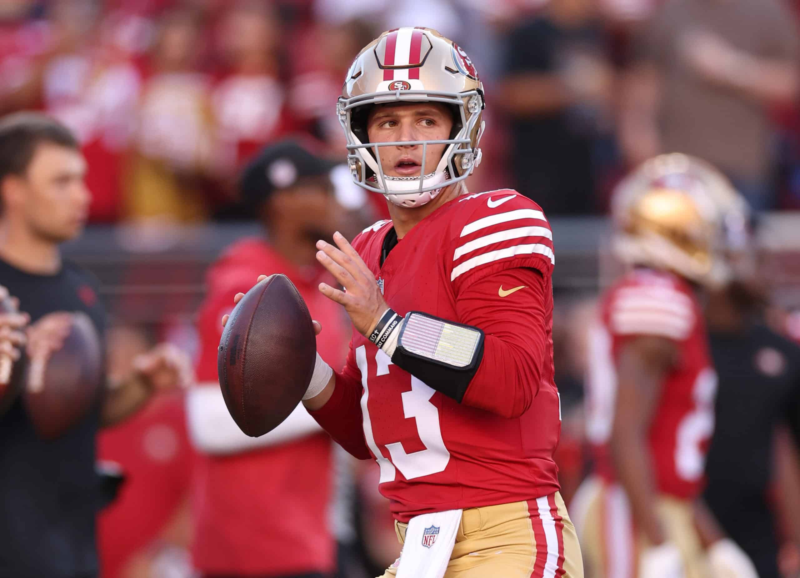 Brock Purdy #13 of the San Francisco 49ers warms up prior to a game against the Dallas Cowboys at Levi's Stadium on October 08, 2023 in Santa Clara, California.