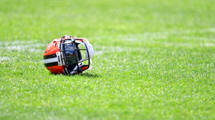 A Cleveland Browns helmet sits on the turf during training camp at the Browns training facility on August 29, 2020 in Berea, Ohio.