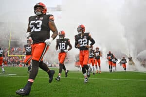 The Cleveland Browns take the field prior to the game against the Cincinnati Bengals at Cleveland Browns Stadium on September 10, 2023 in Cleveland, Ohio.