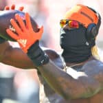 David Njoku #85 of the Cleveland Browns warms up prior to a game against the Baltimore Ravens at Cleveland Browns Stadium on October 01, 2023 in Cleveland, Ohio.