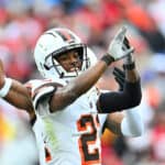 Denzel Ward #21 of the Cleveland Browns reacts after a defensive play during the first quarter against the San Francisco 49ers at Cleveland Browns Stadium on October 15, 2023 in Cleveland, Ohio.