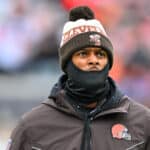Deshaun Watson #4 of the Cleveland Browns looks on during the first half against the San Francisco 49ers at Cleveland Browns Stadium on October 15, 2023 in Cleveland, Ohio.